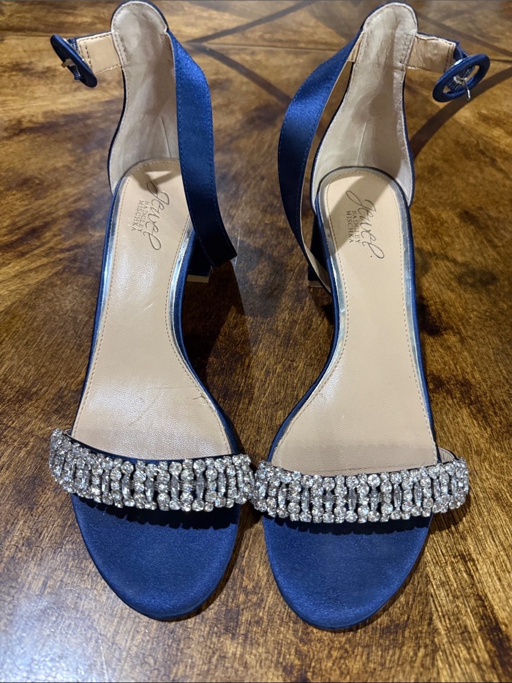 Jewel Badgley Mischka Navy Satin Crystal-Band Ankle Strap Heels